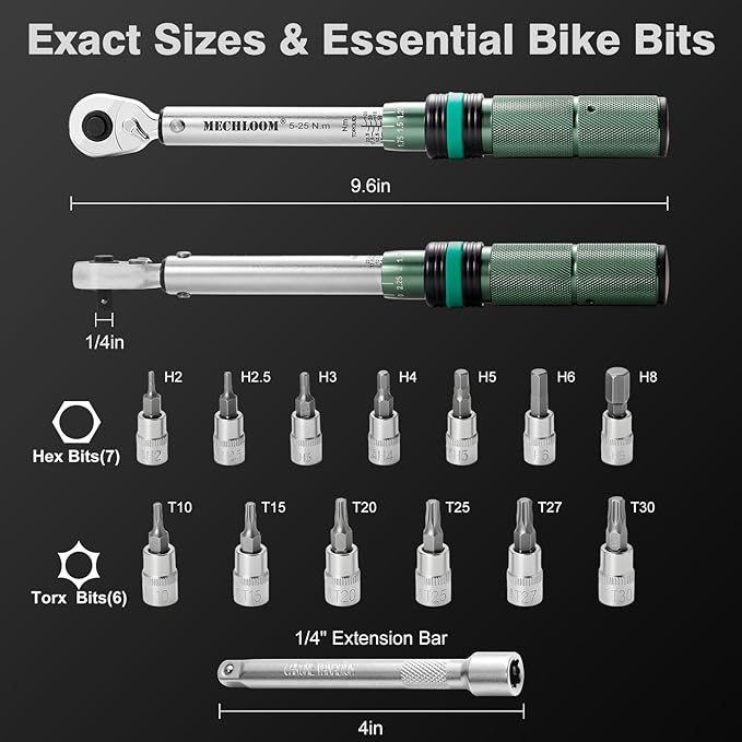 1/4-Inch Torque Wrench, 5–25 N·m, 15-Piece Click Bike Torque Wrench Set with Bits and 4-Inch Extension Bar, Dual-Direction, 0.25 N·m Increments, ±3% Accuracy for Bicycle Maintenance