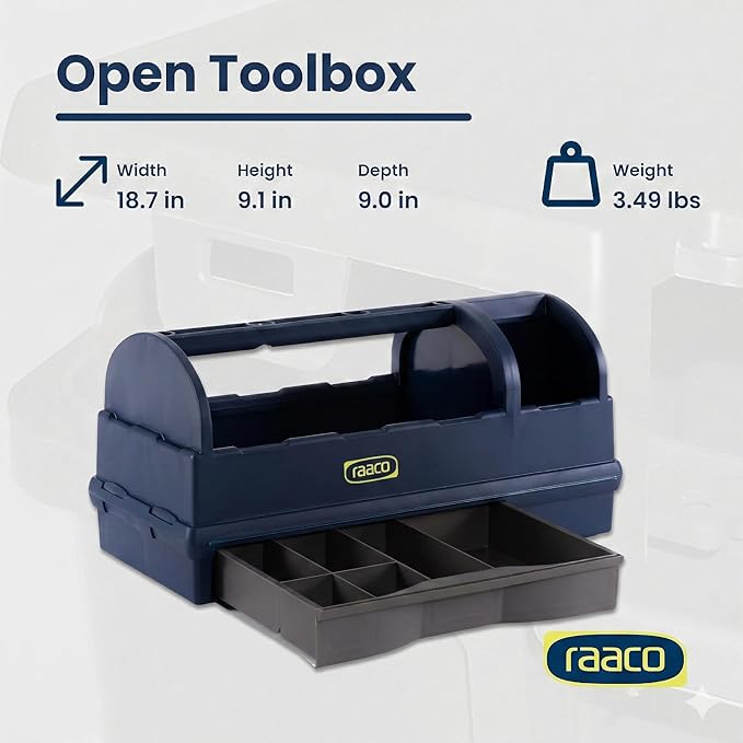 Raaco Open Portable Tool Box Organizer with Handle, Plastic Polypropylene Toolbox with 3 Compartments & Built-in Drawer, Hand-Held Storage Carrier, 55 lb Load Capacity