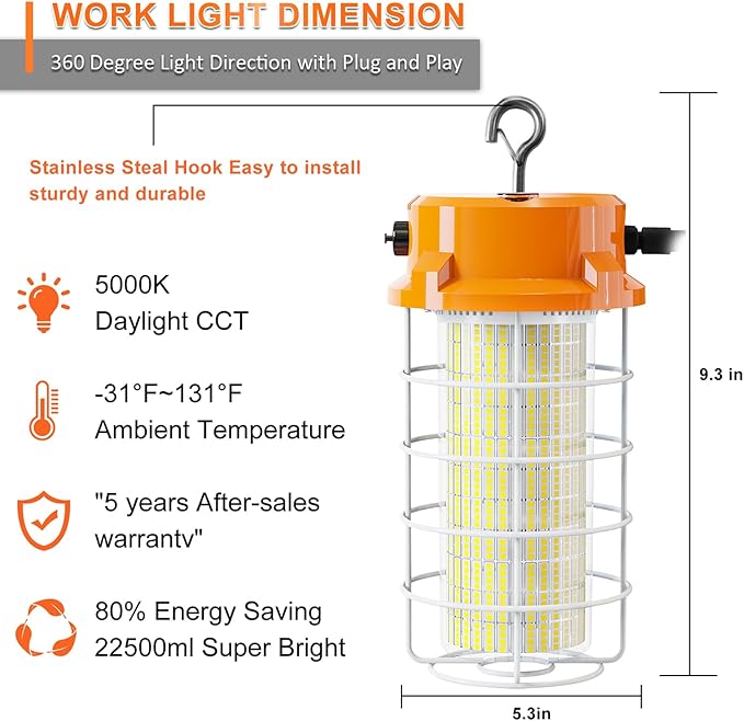 150W LED Temporary Work Light 5000K Daylight 22500 Lumens Super Bright with Fan Radiator Stainless Steel Guard Construction Lights Sturdy Hook Suitable for workshops, Construction Sites, etc.