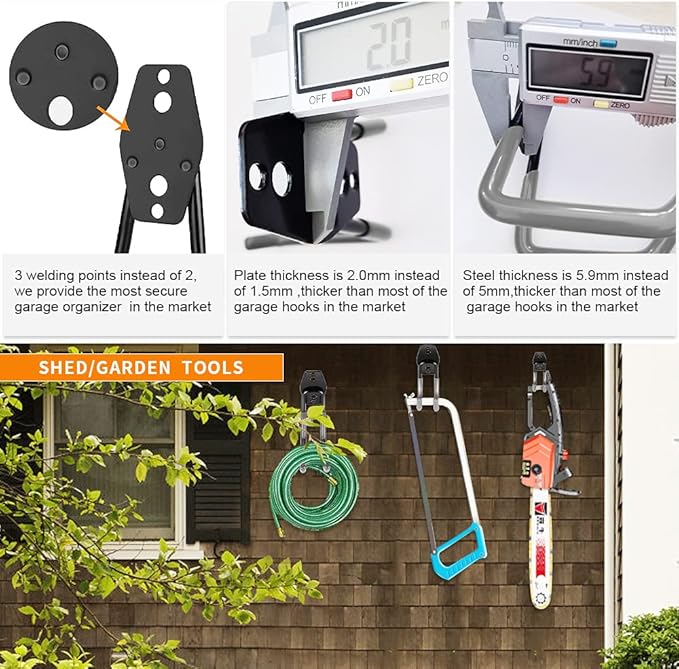 3-H Garage Wall Hooks Heavy Duty 8 Pack, Anti-Slip Steel Wall Mount Storage Hooks for Hanging Ladder Garden Yard Tools, Utility Organizer for Garage Lawn Shed(Gray)