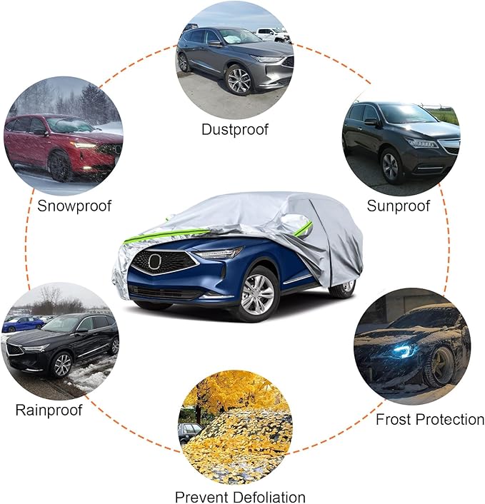 Waterproof Car Covers Replace for 2001-2024 Acura MDX, 6 Layers Silver All Weather Car Cover with Zipper Door & Windproof Bands for Snow Rain Dust Hail Protection