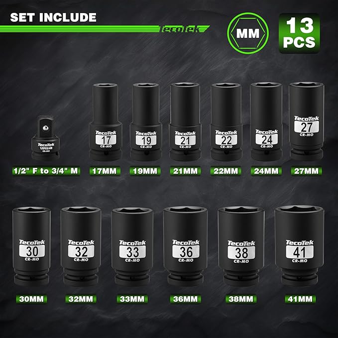 3/4" Drive Deep 6-Point Impact Socket Set, 13-Piece Jumbo Assortment, Cr-Mo, Metric (17mm to 41mm), 1/2" F to 3/4" M Impact Socket Adapter, for Large Vehicle and Apparatus Maintenance