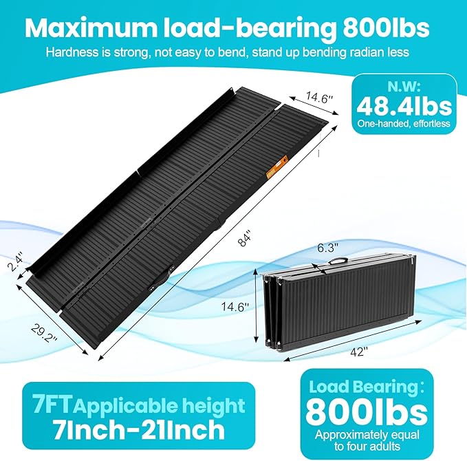 Wheelchair Ramp 7ft, Portable Non-Skid Aluminum Ramps for Wheelchairs for Home Steps, 800 LBS Capacity Handicap Ramp for Doorway, Homes, Threshold, Entry, Stairs 84" Lx 29.2" Wx2H