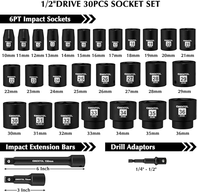 EMENTOL 30PCS 1/2" Drive Shallow Impact Socket Set, Metric, 10mm - 36mm, CR-MO, 6 Point, Includes 3-inch and 6-inch Imapct Extension Bars, 1/4"-1/2" Drill Adapter