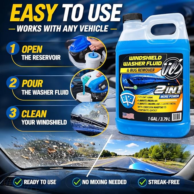 UCS Windshield Washer Fluid 2-in-1 Bug Remover – Ready to Use Formula – Streak-Free Cleaning – Removes Dirt & Road Grime – 1 Gallon (128 fl oz)
