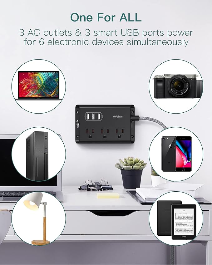 Addtam Power Strip ETL Certificate Flat Plug Extension Cord with 3 USB Ports, 5 Feet Braided Cord, Desktop Small Travel Power Strip for Cruise Ship, Home, Office Black