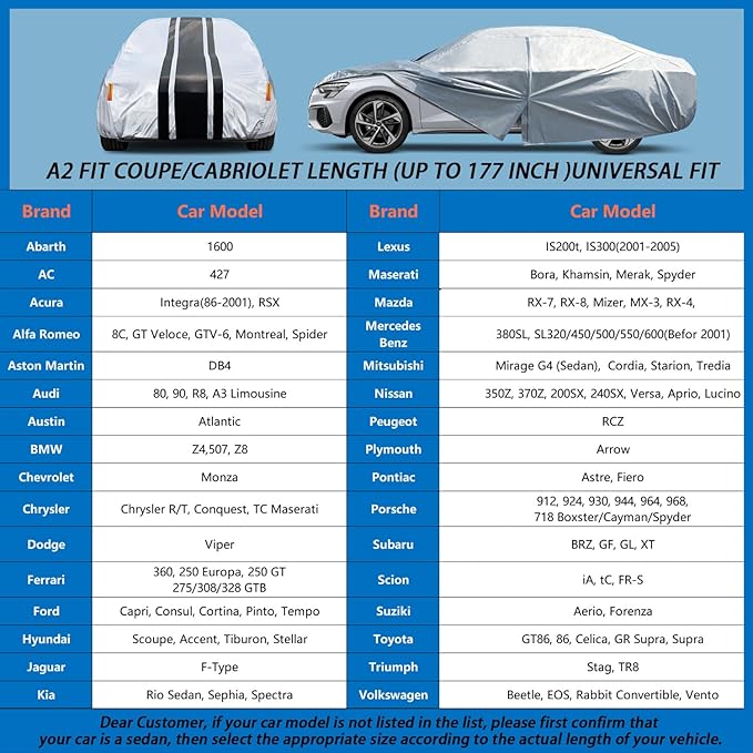 10-Layer Waterproof Sport/Coupe/Cabriolet Car Cover. All Weather Full Outdoor Covers. 718, Cayman Boxster, BMW Z4, Nissan 350Z etc. Size A2 (Length Up to 177 inch)