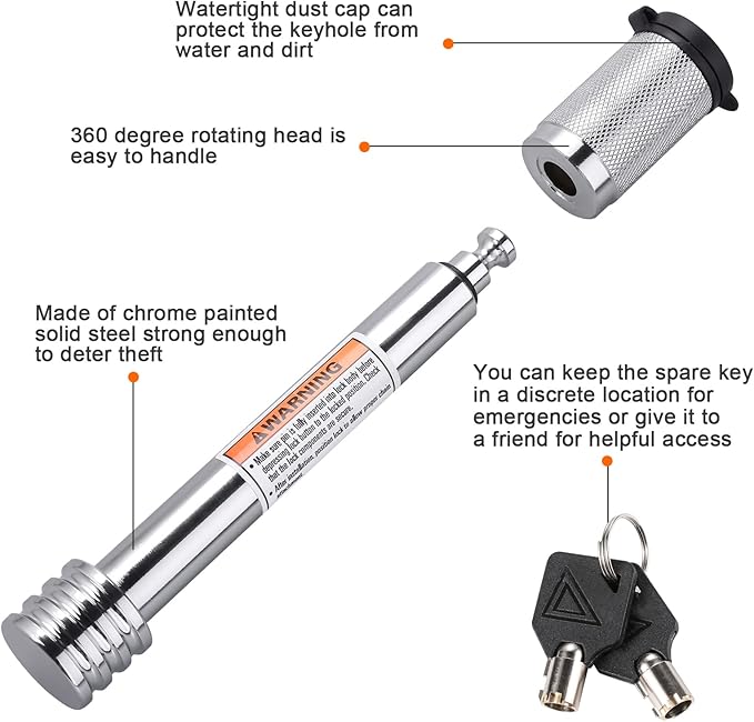 CZC AUTO Trailer Hitch Lock 5/8" Dia, Locking Hitch Pin 4" Super Extra Long Chrome Coated Hitch Pin with Keys for Class III IV to Hitch Bike Rack Tray Ball Tow Rope for Trailer Truck Car Boat