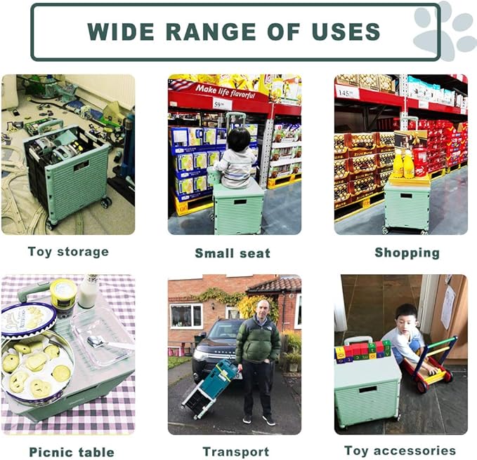 Foldable Utility Cart Folding Portable Rolling Crate Handcart Shopping Trolley Wheel Box with Lid Wear-Resistant Noiseless 360°Rotate Wheel for Travel Shopping Moving Storage Office Use (Green)
