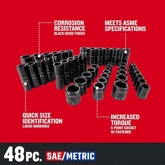 CRAFTSMAN Deep Impact Socket Set, SAE, 1/2-Inch, 48-Piece (CMMT16548)