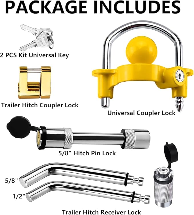 Funmit Trailer Hitch Security Lock Set Including Yellow U-Shaped Universal Ball Hitch Lock, 1/2" and 5/8" Receiver Hitch Pin Lock, Golden Trailer Hitch Lock Coupler Locking Pin, Share the Same 2 Keys