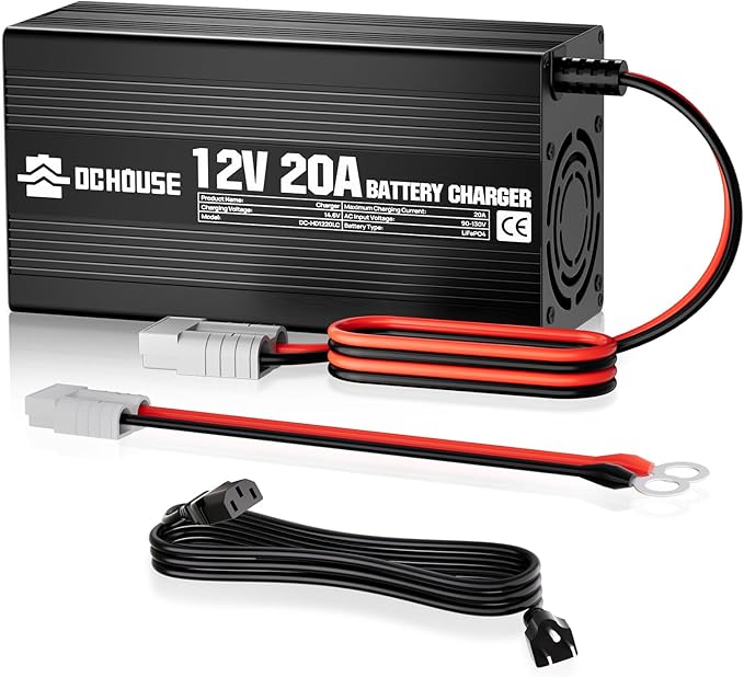 DC HOUSE 12V 20A Lithium Battery Charger, 14.6V LiFePO4 Charger with Battery Quick Connector & LED Indicator, Smart 300W Fast Charging for 12V Boat/RV Battery, Solar Systems, Off Grid, Homes