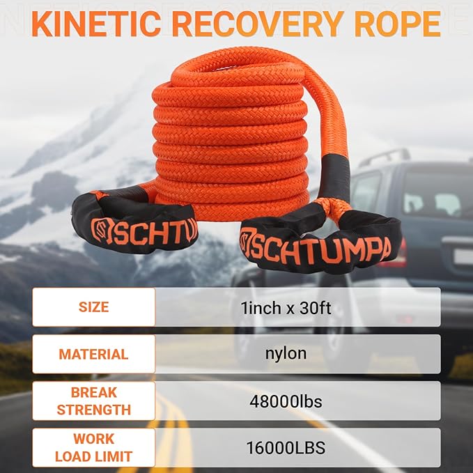 Kinetic Recovery Tow Rope, 1in x 20ft, 48000Lbs, Heavy Duty Towing Straps Kit with 1/2' X 22 Inch Soft Shackles for SUV UTV ATV Tractor Car Jeep 4x4 Offroad Vehicle