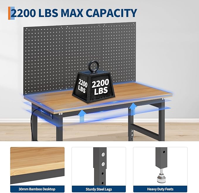 60 in Adjustable Workbench with Pegboard Wall,2200 LBS Garage Table, 28-40 in Height Tool Storage for DIY Projects