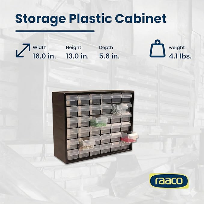 Raaco Plastic Storage Cabinet, 36-Drawer Black Organizer – Impact Proof Plastic Drawer – Small Parts, Screws, Nuts & Bolts, Crafts, Makeup & Toy Storage – Wall Mount or Freestanding (PC36)