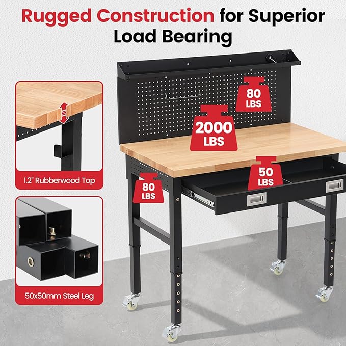 ENJOYWOOD 48" x 24" Rolling Workbench Adjustable Height Work Table with Wheels, Drawers, Pegboard and Power Outlets Heavy Duty Rubberwood Top for Garage, Workshop & Home