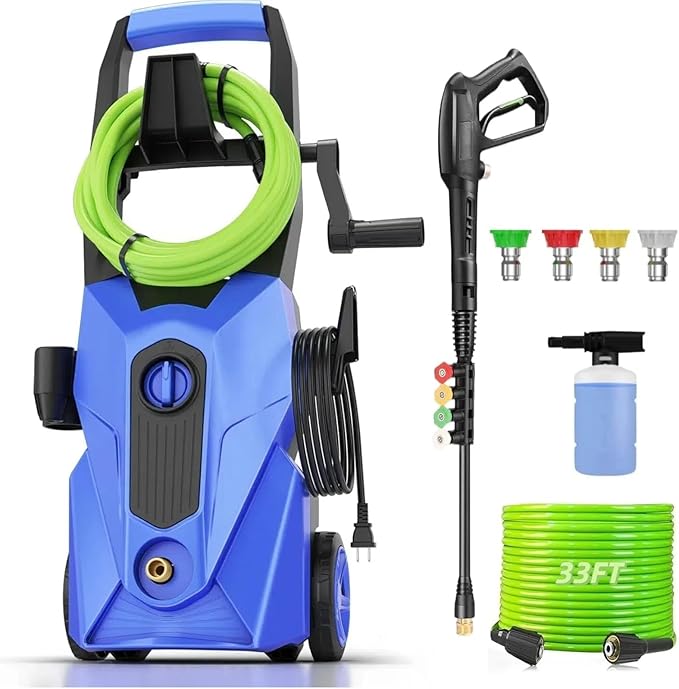 Pressure Cleaner High Power Cleaner with 33ft Power Hose, 4 Nozzles and Soap Bottle, for Home, Cars, Fences, Patio (Light Blue)