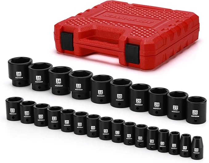 MIXPOWER 26 Piece 1/2 Inch Drive Impact Socket Set,Metric,Shallow,10mm to 36mm, Cr-Mo Alloy Steel, Radius Corner Design, Impact Grade