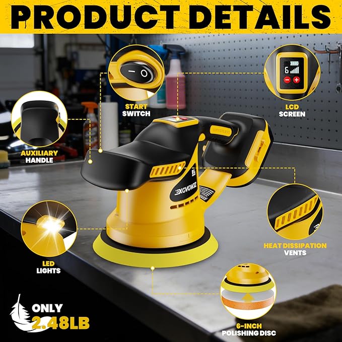 Cordless Buffer Polisher for Dewalt 20V Battery, 450W Brushless Car Buffer Polisher Waxer with 6 inch disc, 6 Variable Speed Up to 5200 RPM for Waxing Polishing Scratch Removal (Tool only)