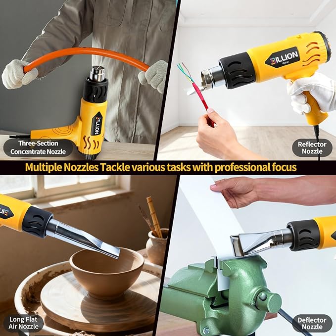 1800W Heat Gun for Crafting - 100℉ to 1200℉ Variable Temperature, 4 Nozzles & Overload Protection - Hot Air Gun for Shrink Tubing, Epoxy Resin, Paint Removing, DIY Projects