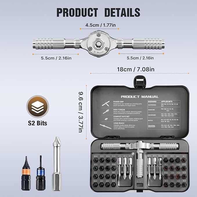 40 In 1 Ratcheting Screwdriver Set,Multi S2 Steel Bits with Detachable Ratchet Handle,Ratchet Screwdriver Set for Furniture Assembly, Electronics Repair, Bicycle,DIY