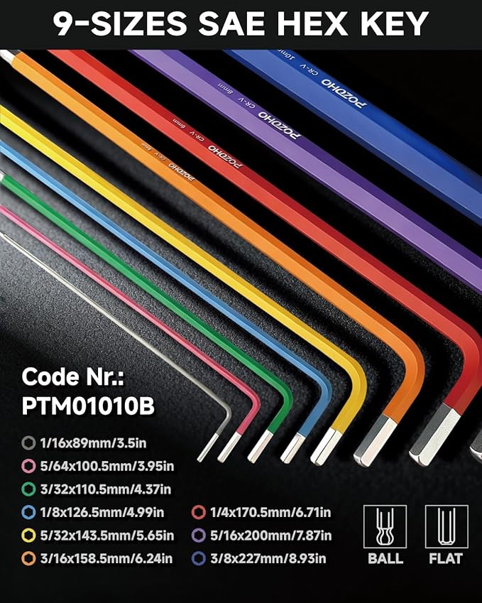 10-Piece Extra-Long Arm SAE(1/16"-3/8") Hex Key Set | Color-Coded Ball End Allen Wrench with Torque Handle | Cr-V Steel, Anti-Rust for Motorcycle, Bike, Car & DIY, PTM01010B