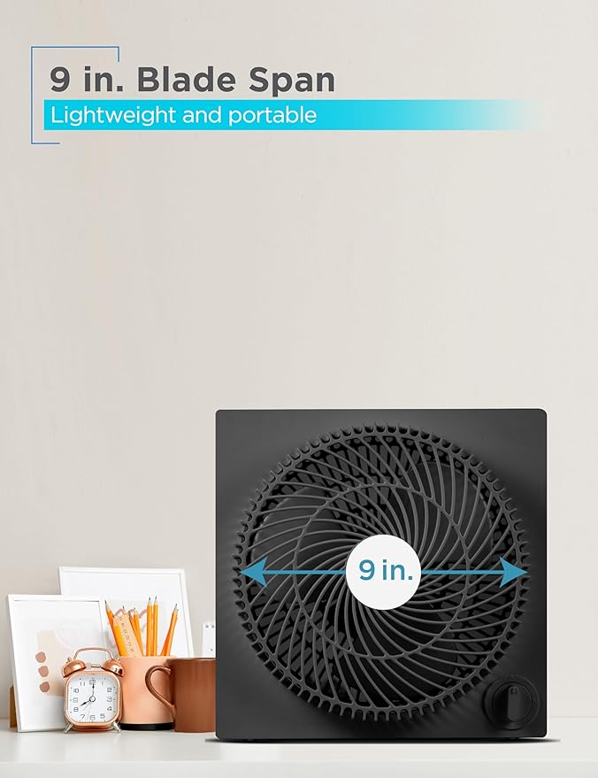 BLACK+DECKER 9-Inch Frameless Box Fan, Freestanding Desk Fan with 3-Speed Settings, Portable Fan for Home Office or Garage, BFB09B, Black