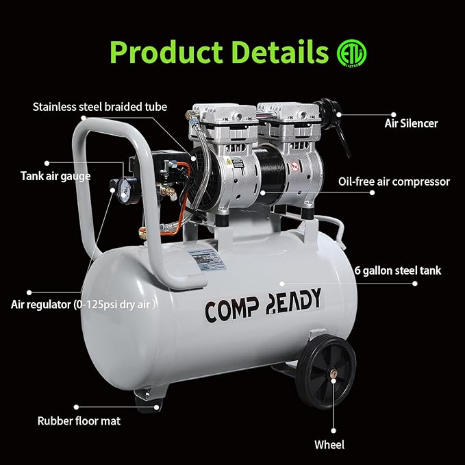 2 Gallon Portable Air Compressor 0.75HP 1.7 CFM@90PSI 60dB Ultra Quiet Oil Free Air Compressor Ideal for Tire Inflation Pneumatic Tool Spray Painting