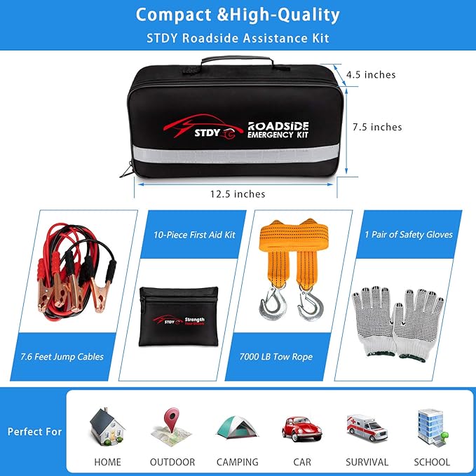 STDY Car Roadside Emergency Kit, Vehicle Truck Safety Road Side Assistance Kits Auto Accessory, with Jumper Cables, Portable Air Compressor, etc