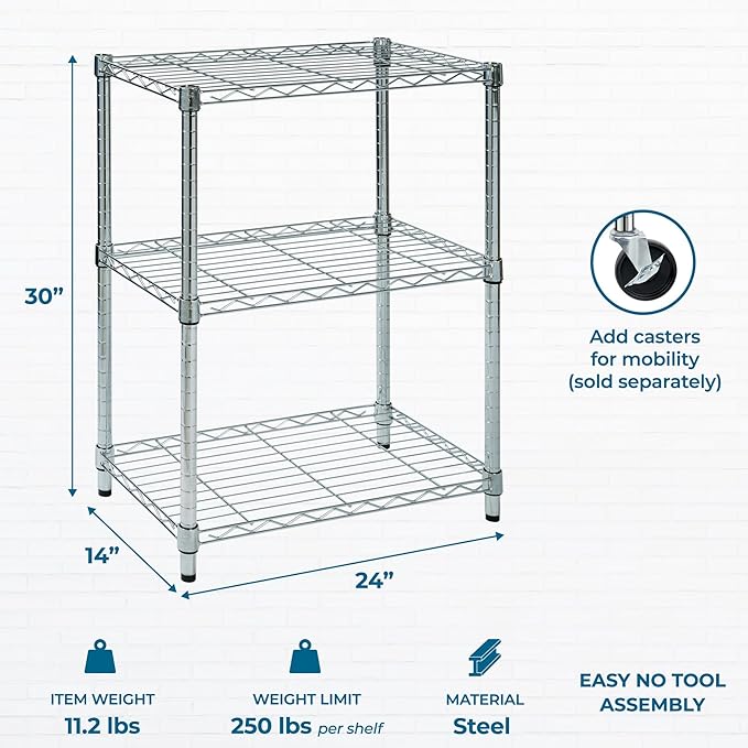 Honey-Can-Do 3-Tier Heavy-Duty Adjustable Shelves, Metal Storage Rack with 250-lb Shelf Capacity, Chrome, 14" W x 24" L x 30" H