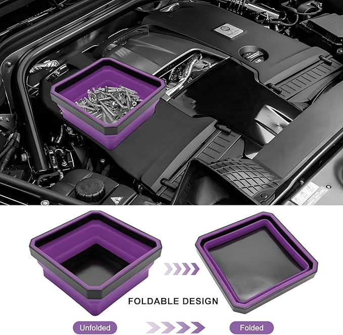 Collapsible Magnetic Parts Tray, 4.5" Square Silicone Metal Parts Organizer Double-Sided Magnet Bowl, Foldable Magnetic Tool Trays for Screws Bolts Nuts Washers Pins (Purple)