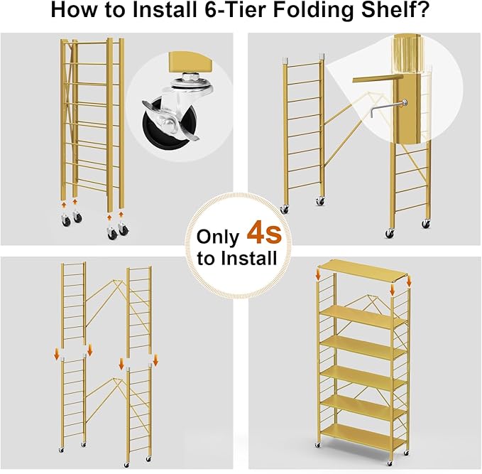 Himix 6 Tier Foldable Storage Shelves, Expandable Folding Bookshelf with Wheels, Changeable into 2 Shelf Units, Collapsible Adjustable Storage Rack Metal Shelves for Garage Kitchen, Basement, Gold
