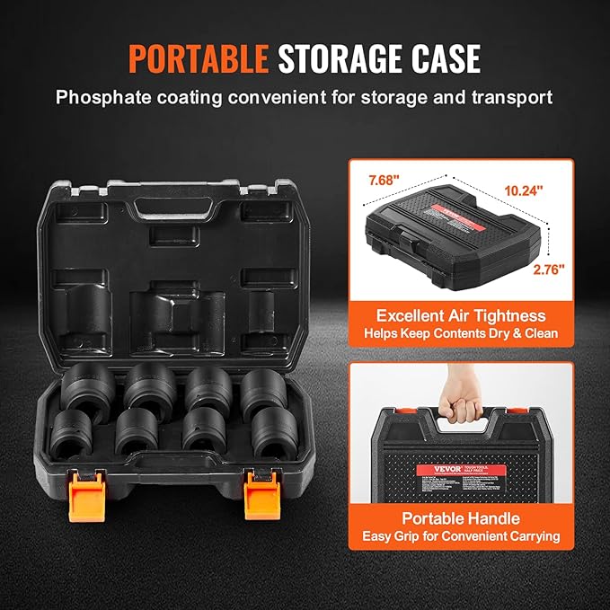 VEVOR Axle Nut Impact Socket Set - 3/4" Drive 6-Point 8-Piece Metric Spindle Nut Socket CR-MO Heat Treated Large Socket Set with Storage Case for Auto Repair, Removing or Installing Axle Nuts