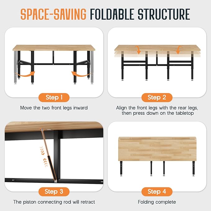 SPECRAFT 72x24 Folding Workbench, Adjustable Foldable Workbench with 2000 LBS Capacity, 30.7"-40" Height, Rubber Wood Top for Garage, Workshop, Office