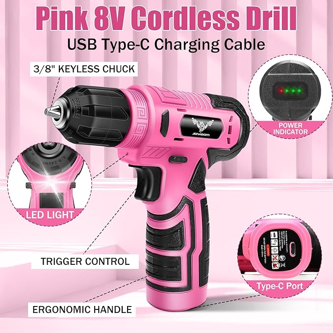 8V Cordless Drill, Electric Screwdriver for Women, Pink Drill Set with 3/8"Keyless Chuck, Built-in LED, Type-C Charge Cable, Variable Speed Trigger