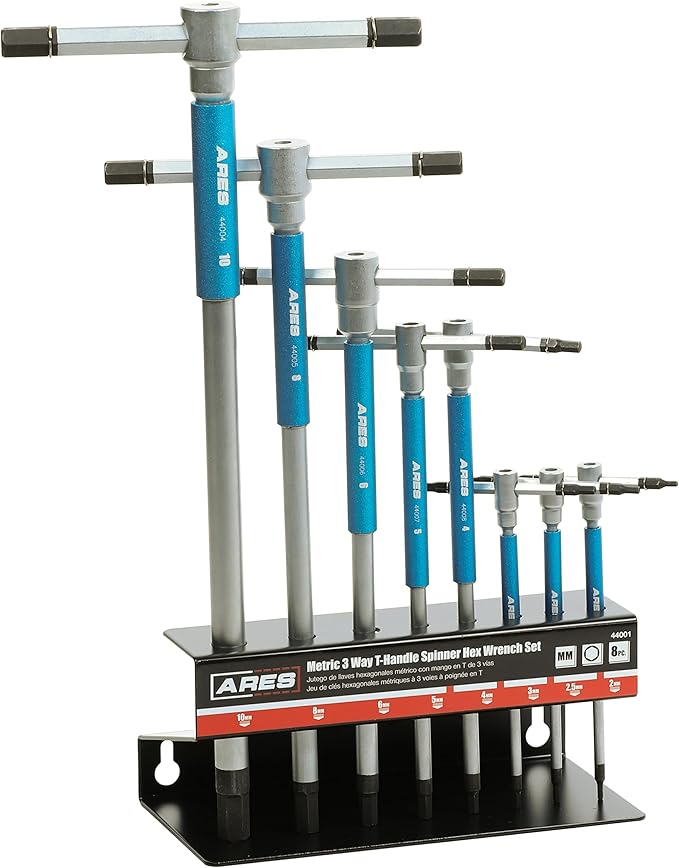 ARES 44001 – 8-Piece Metric T-Handle Hex Key Set – 3-Way Spinner Wrenches with Sliding Handle – 2mm to 10mm