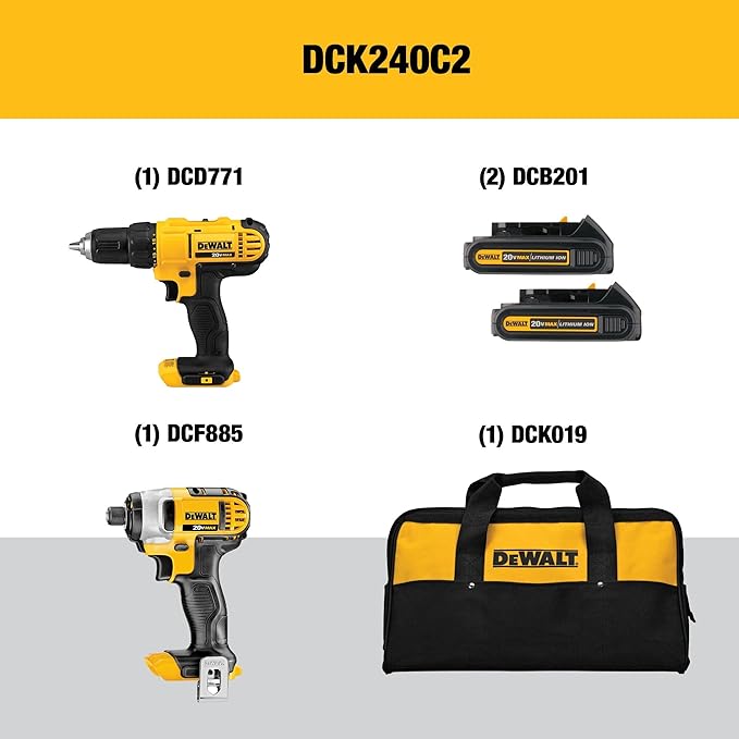 DEWALT 20V MAX Cordless Drill and Impact Driver, Power Tool Combo Kit , Includes 2 Batteries, Charger and Bag (DCK240C2)