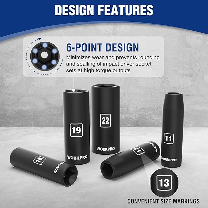 WORKPRO 20-Piece 1/2＂ Drive Deep Impact Socket Set, 6-Point, Cr-V Steel, 10-27mm, Universal Joint, Adapter and Extension Bar, Metric