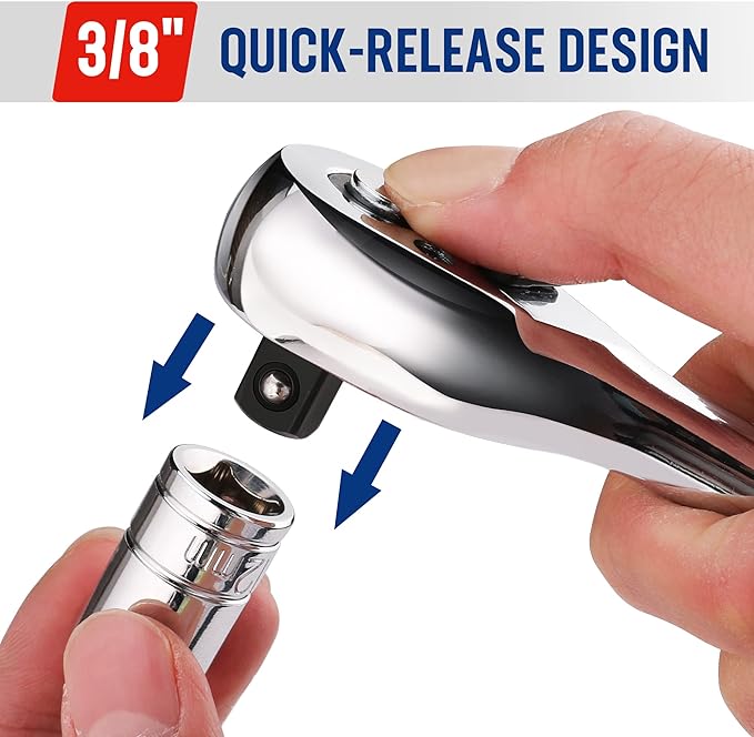 WORKPRO 3/8-Inch Drive Ratchet Wrench, 72-Tooth Reversible Ratchet, Quick-Release 3/8 Drive Ratchet Handle, CR-MO Head, Chrome Plated Finish