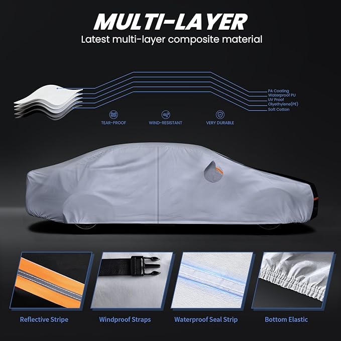 Car Cover Waterproof All Weather, 10 Layers Outdoor Car Covers for Automobiles - Sun & Rain Protector Full Exterior Covers. Custom Fit Accord, Camry, Fusion, Sonata, etc. A2 (Gift Towel/Storage Bag)