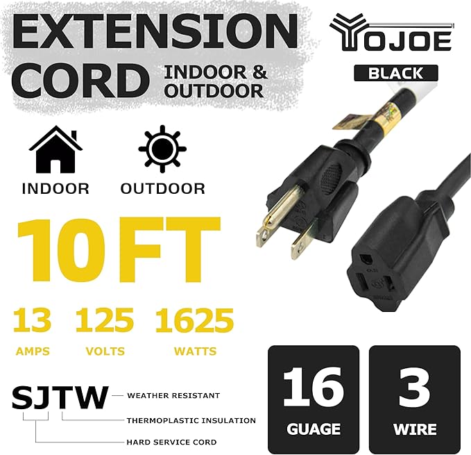 YOJOE Indoor Outdoor Extension Cord, 3 Prong 13A Weatherproof Power Cord, 16 Gauge Heavy Duty 10 ft Black Extension Cord for Garage, Garden and Home, 16/3 SJTW UL Listed