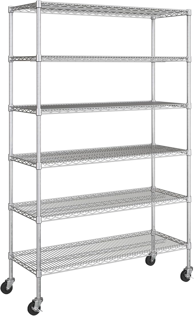 Seville Classics UltraDurable Heavy Duty NSF Solid Steel Wire Rack Storage Unit Wheels, 6-Tier Shelving, 48" W x 18" D