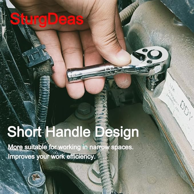 1/4-Inch Drive Ratchet Wrench, 72-Tooth Stubby Quick-Release Socket Wrench with a Extension Bar(4 inch), Reversible Switch, Chrome Alloy Made, Full-Polished Chrome Plating