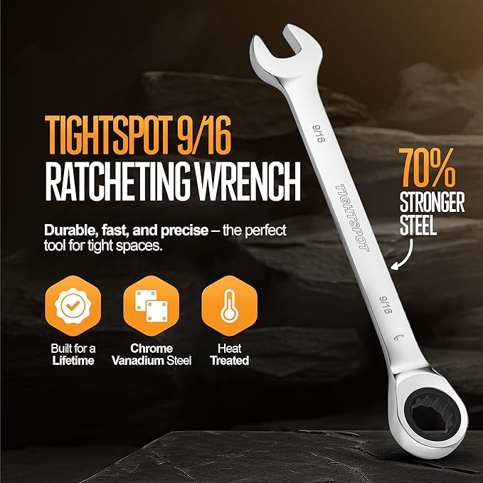 TIGHTSPOT 9/16 Inch Ratchet Combination Wrench with Precision Movement and Hardened, Polished Steel for Projects with SAE Tight Spaces