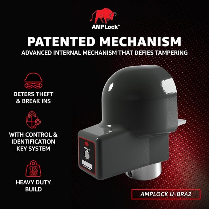 AMPLock - U-BRA2 Heavy Duty Trailer Coupler Lock - 2" Anti-Theft Trailer Hitch Lock for RVs, Boats & Cargo Trailers - Ball Coupler Lock with Round Edges, Patented 2-Part Push-to-Lock System