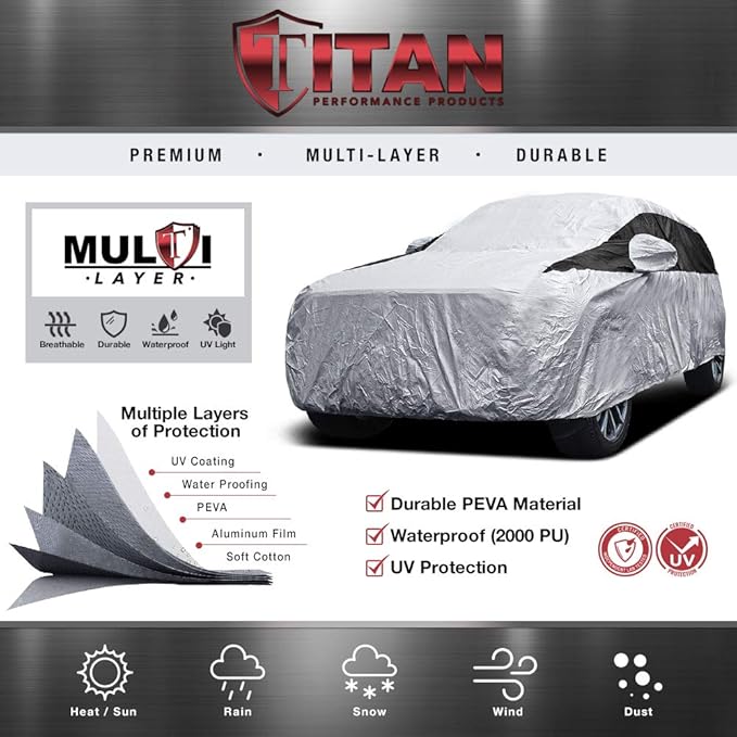 Titan Premium Multi-Layer PEVA Car Cover for Mid-Size SUV 188-206". Waterproof, UV Protection, Anti-Scratch Protective Lining, Driver-Side Zippered Opening. Fits Explorer, Grand Cherokee and More.