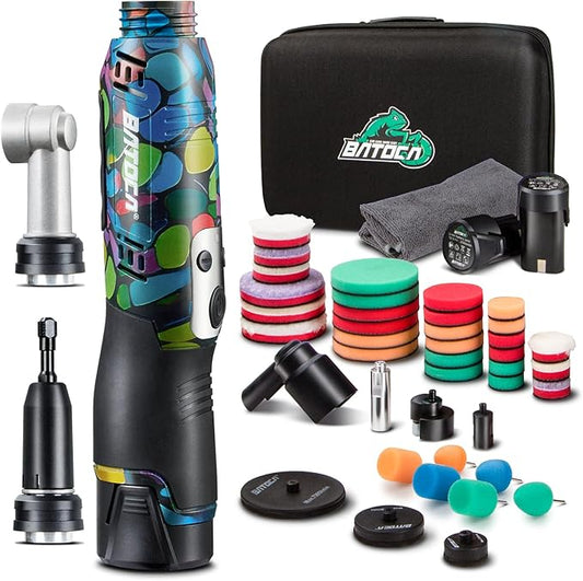 BATOCA S6 Mini Cordless Polisher for Car Detailing 2x2.0Ah Batteries, 0mm Rotary Buffer, 12mm Dual Action Polisher 1-3 Inch, 2 Different Speeds Heads Systems, 4.2k-21k or 1-5k RPM Graffiti Style