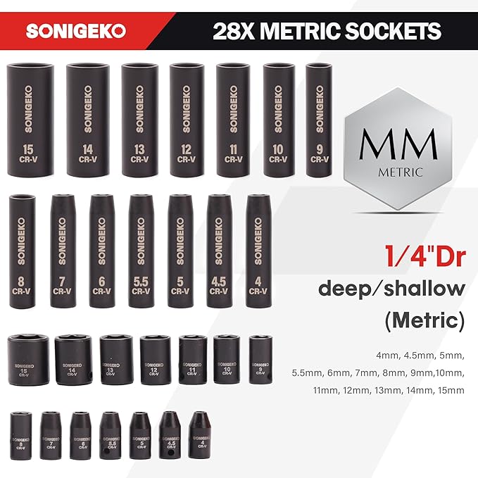 SONIGEKOSocket Set 1/4" Drive Impact Socket Set,55-Piece 6 Point Deep,Standard SAE and Metric CR-V Steel Sockets with extension bars: 2",4",6",Universal Joint, Adapter (1/4" 55 PCS SAE & Metric)