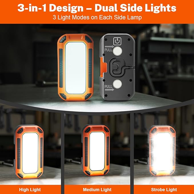 Tresda 3-in-1 Modular Rechargeable Work Light, 50W 5000LM Portable LED Work Lights with Detachable Dual Side Lights, 9 Modes, 360° Rotation, Magnetic Base & Hooks for Workshop Jobsite Repair Camping