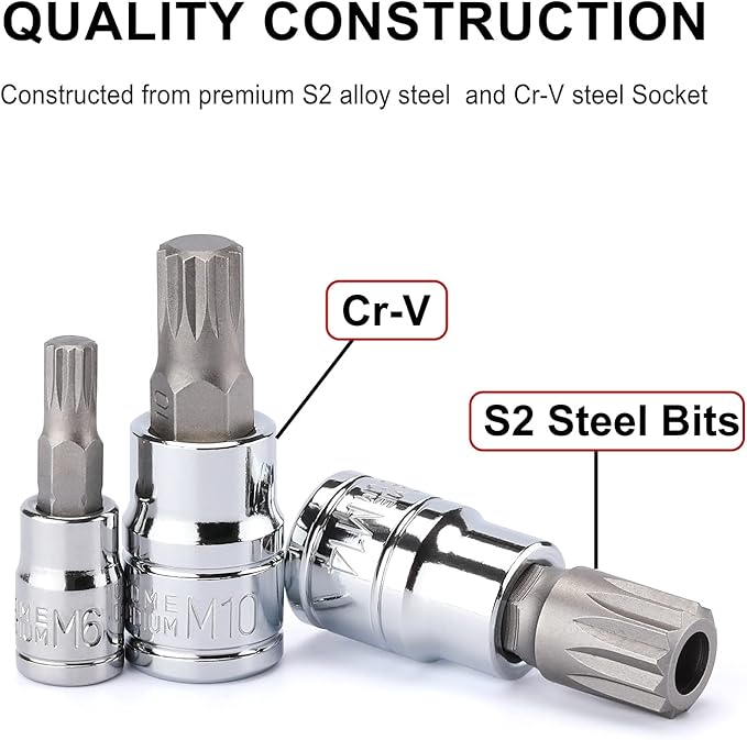 CASOMAN 10PCS 1/4-Inch, 3/8-Inch & 1/2-Inch Drive XZN Triple Square Spline Bit Socket Set, M4-M18, 12 Point Tamper Proof, Cr-V Sockets and S2 Steel Bits